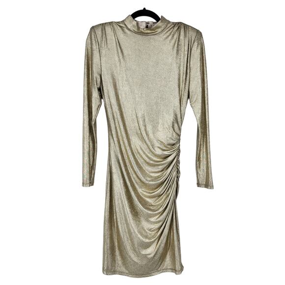 Alice & Olivia Hilary Ruched Long Sleeve Mock Neck Pale Gold Dress Size 10 - Picture 2 of 7